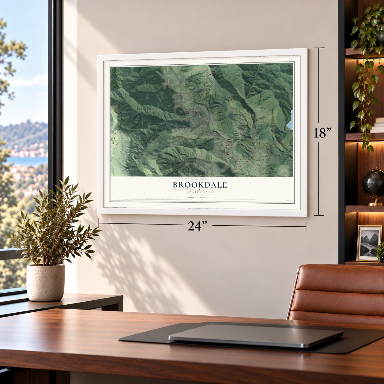 Brookdale, California map, 18 x 24 inch print in a white frame in a home office