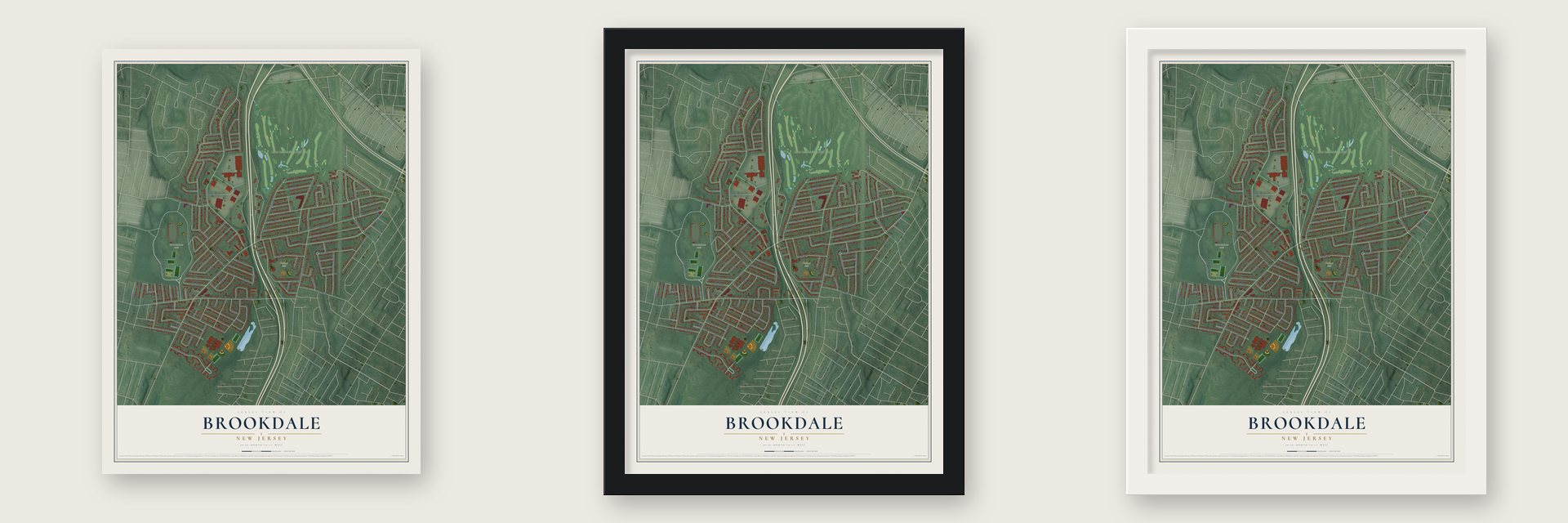 Brookdale, New Jersey map unframed, in a black wood frame and in a white wood frame