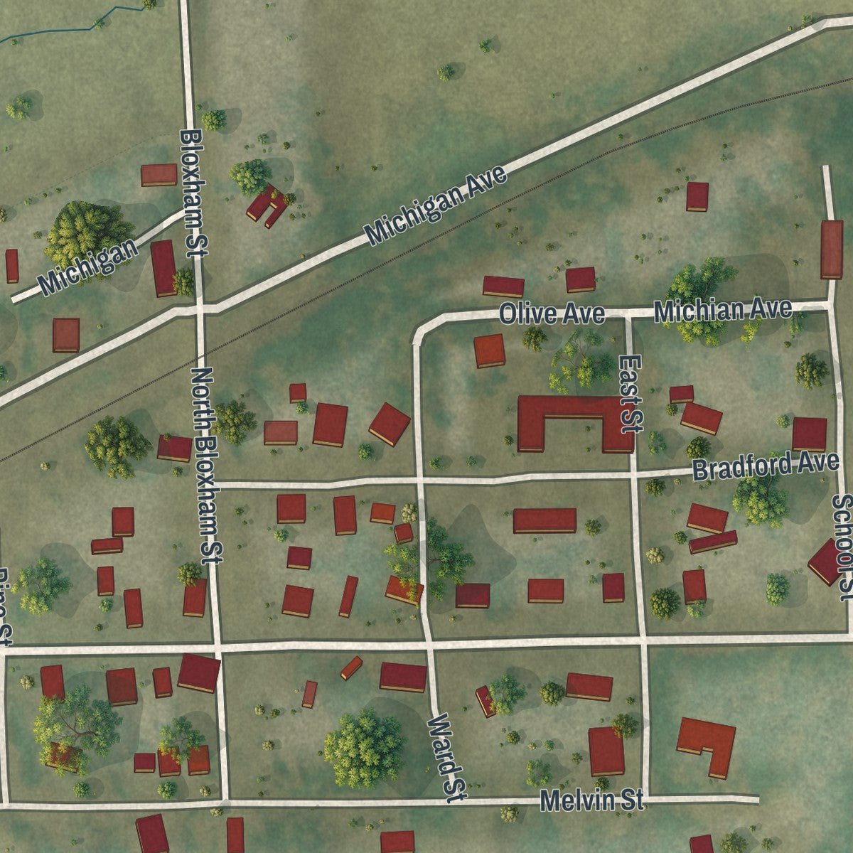Second close-up of the map of Brooker, Florida print showing more streets and buildings