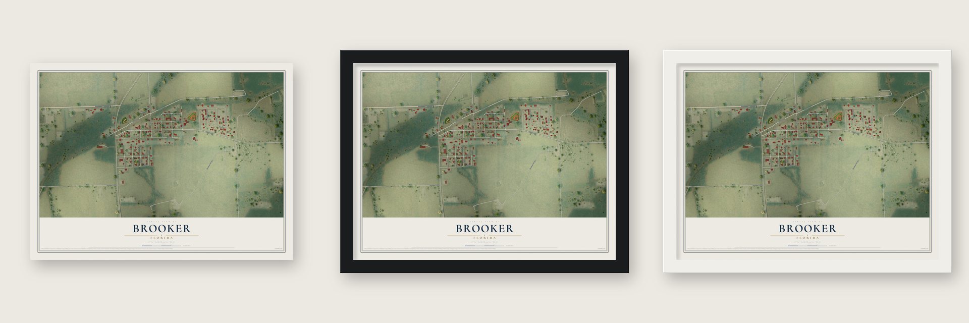 Brooker, Florida map unframed, in a black wood frame and in a white wood frame