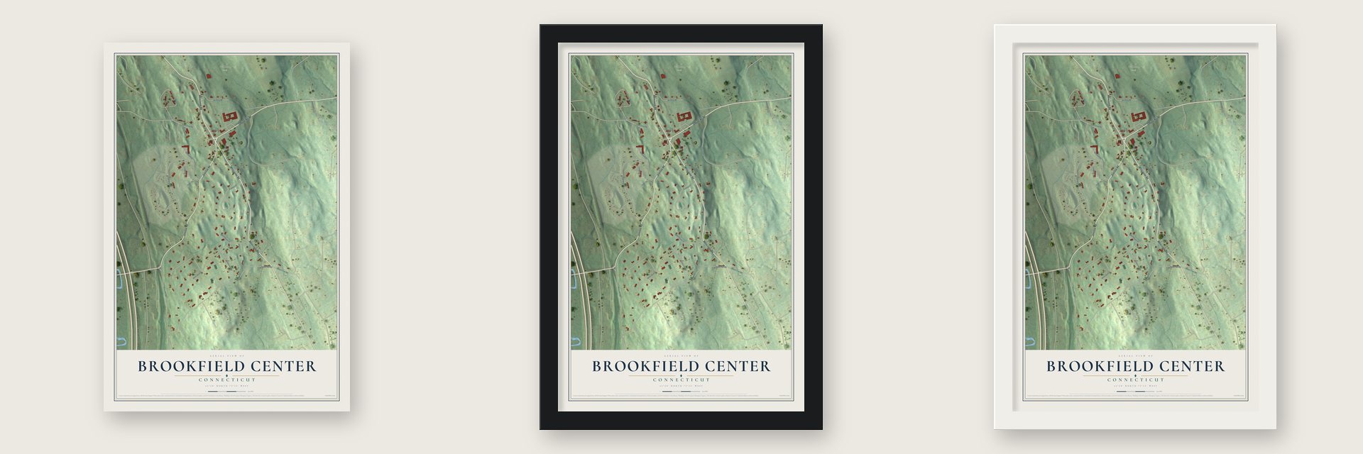Brookfield Center, Connecticut map unframed, in a black wood frame and in a white wood frame