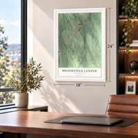 Brookfield Center, Connecticut map, 18 x 24 inch print in a white frame in a home office
