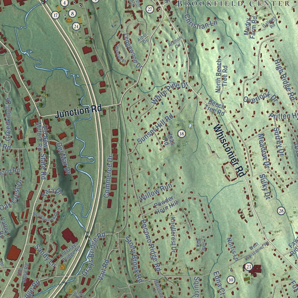 Second close-up of the map of Brookfield, Connecticut print showing more streets and buildings