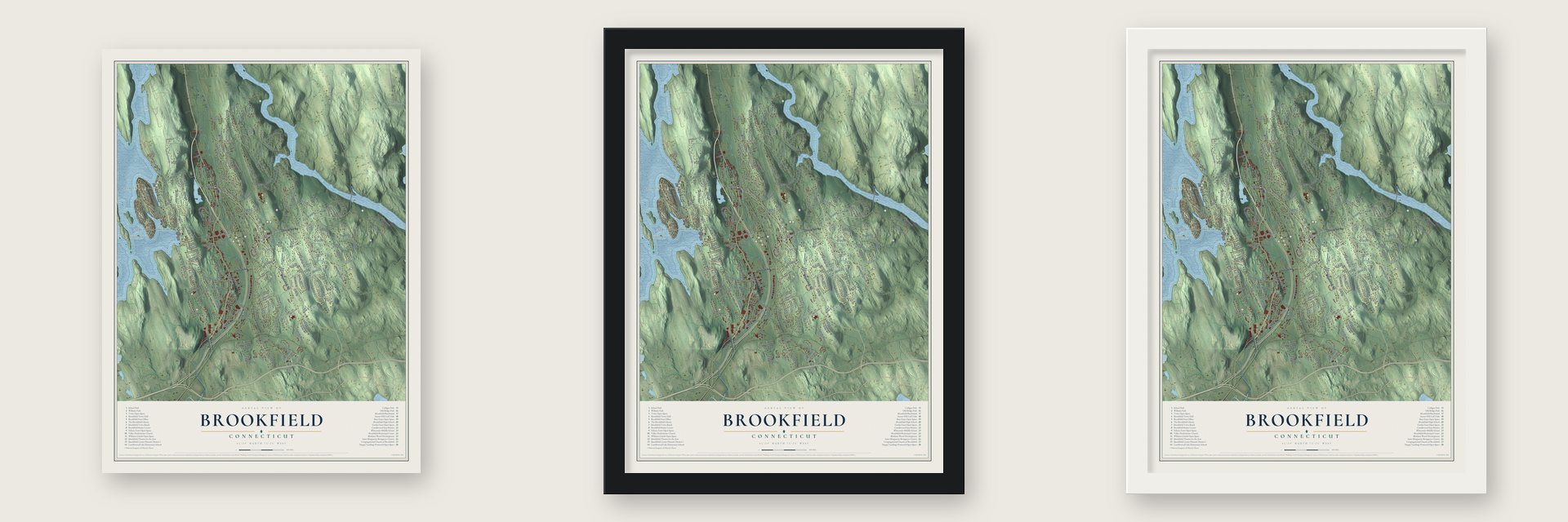 Brookfield, Connecticut map unframed, in a black wood frame and in a white wood frame