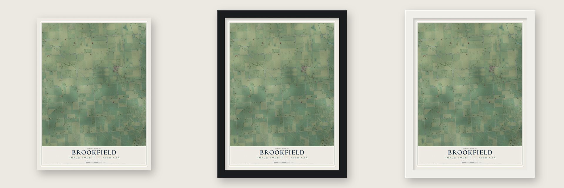 Brookfield, Huron County, Michigan map unframed, in a black wood frame and in a white wood frame
