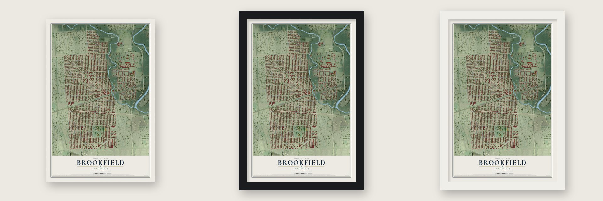 Brookfield, Illinois map unframed, in a black wood frame and in a white wood frame