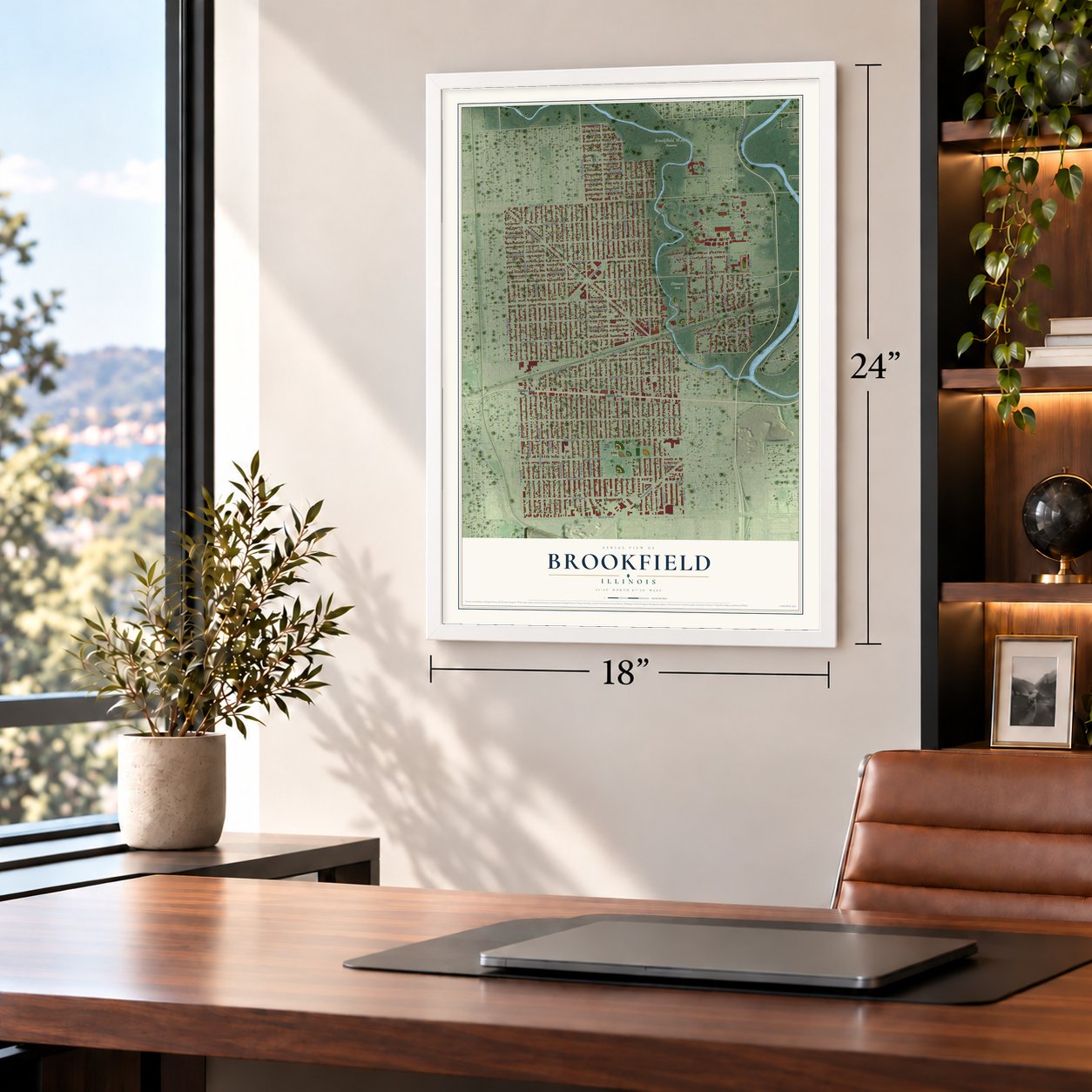Brookfield, Illinois map, 18 x 24 inch print in a white frame in a home office