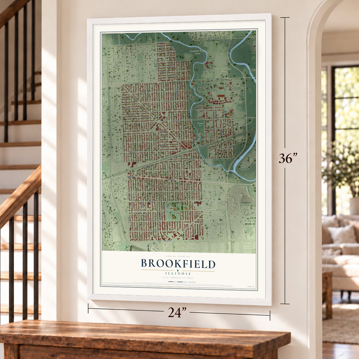 Brookfield, Illinois map, 24 x 36 inch print in a white frame by a staircase