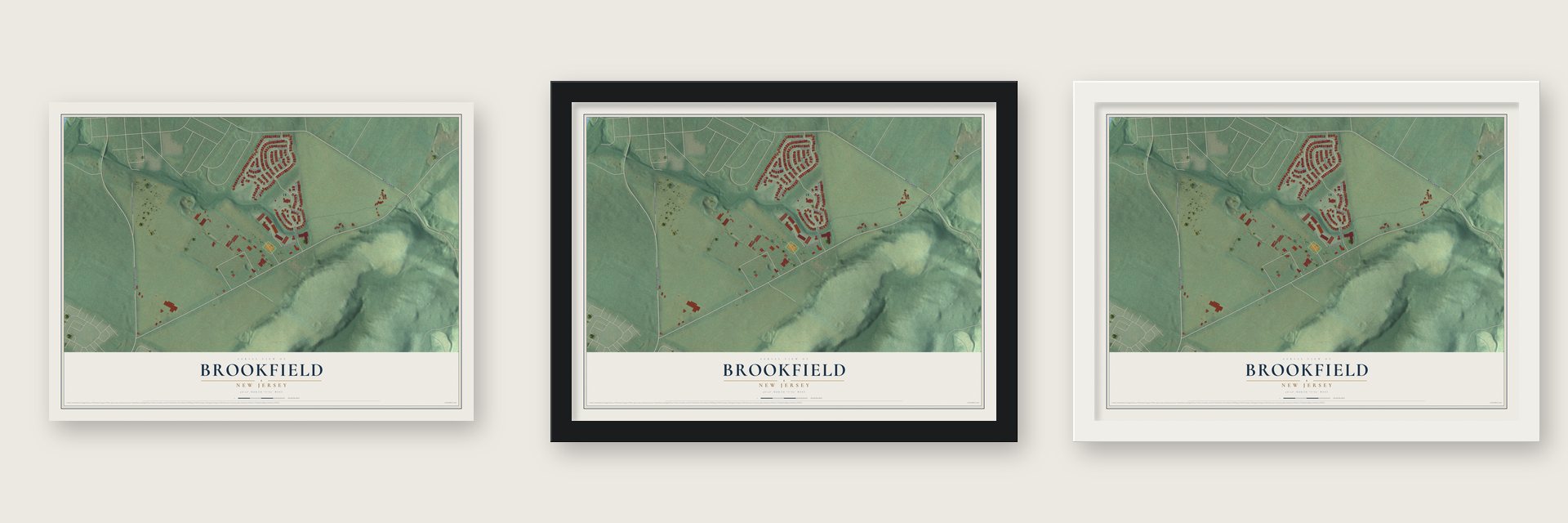 Brookfield, New Jersey map unframed, in a black wood frame and in a white wood frame
