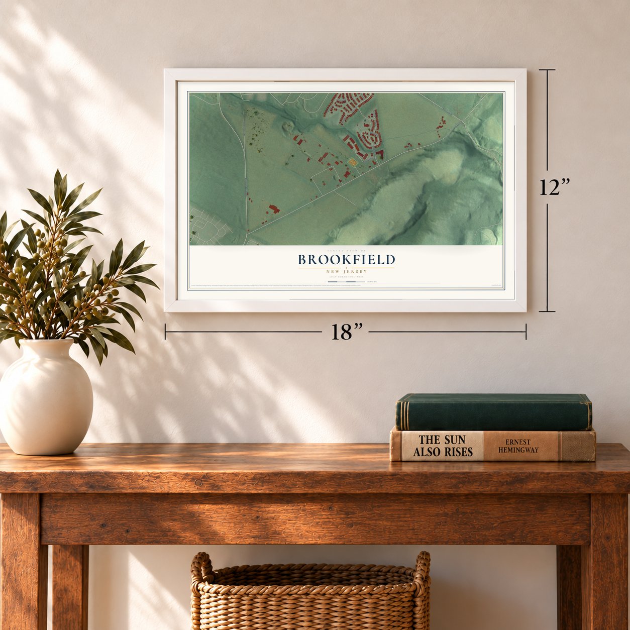 Brookfield, New Jersey map, 12 x 18 inch print in a white frame in an entryway