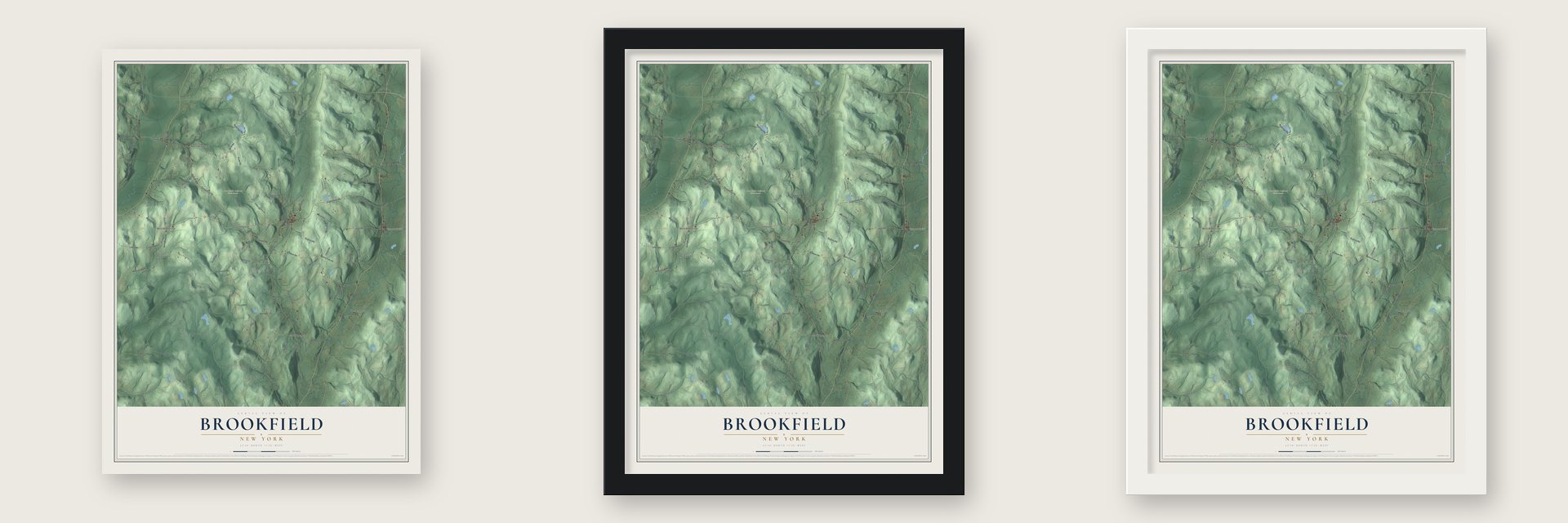 Brookfield, New York map unframed, in a black wood frame and in a white wood frame