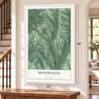 Brookfield, New York map, 24 x 36 inch print in a white frame by a staircase