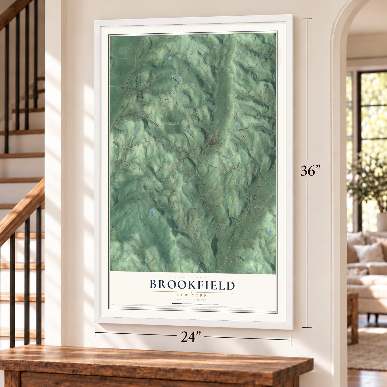 Brookfield, New York map, 24 x 36 inch print in a white frame by a staircase