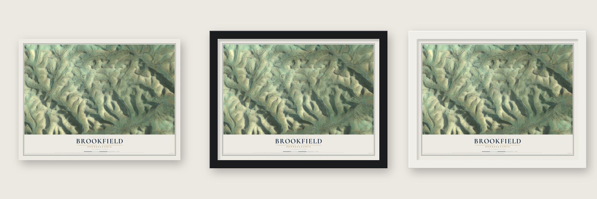 Brookfield, Pennsylvania map unframed, in a black wood frame and in a white wood frame