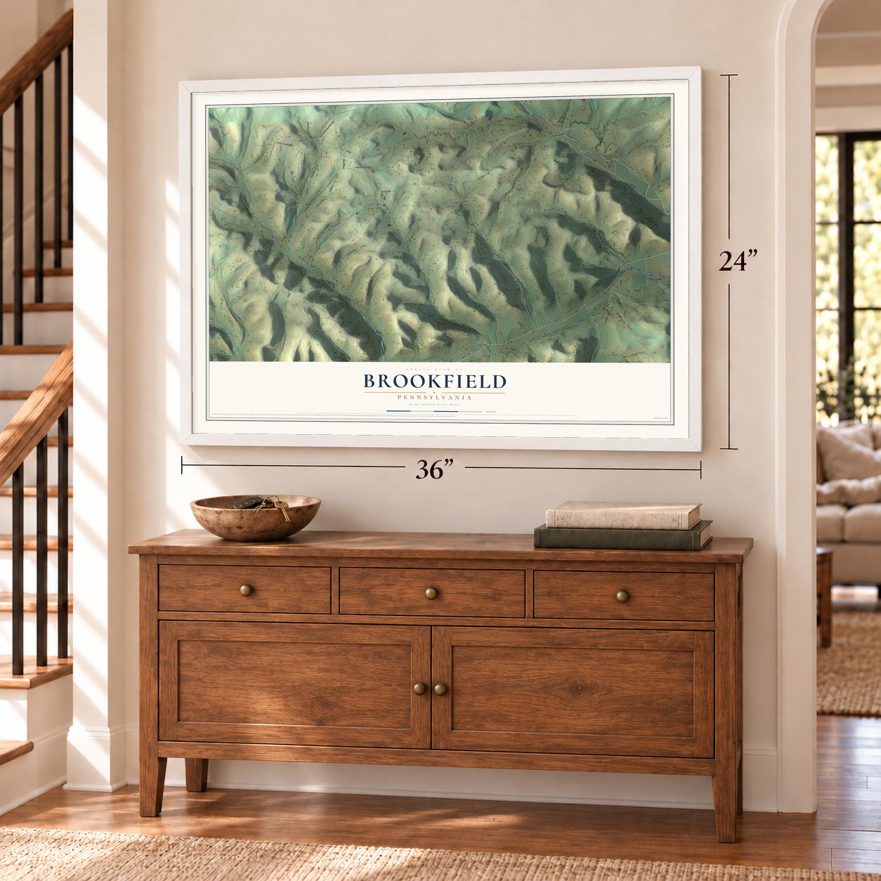 Brookfield, Pennsylvania map, 24 x 36 inch print in a white frame above a dresser by a staircase