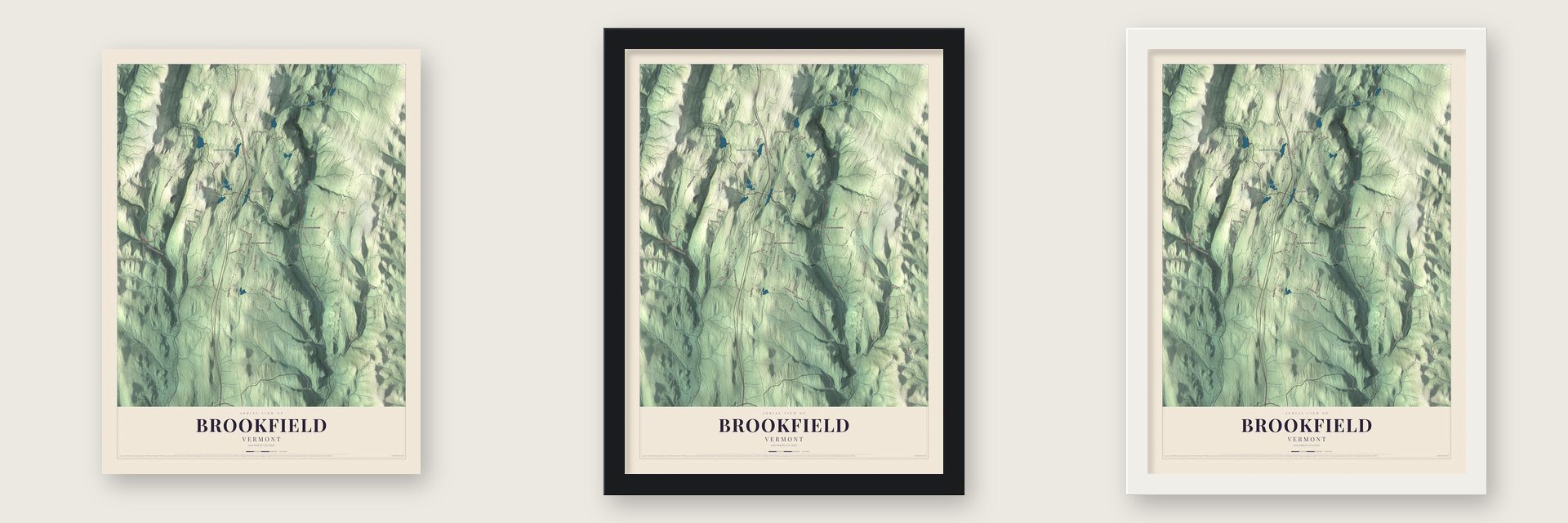 Brookfield, Vermont map unframed, in a black wood frame and in a white wood frame