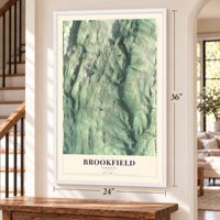 Brookfield, Vermont map, 24 x 36 inch print in a white frame by a staircase