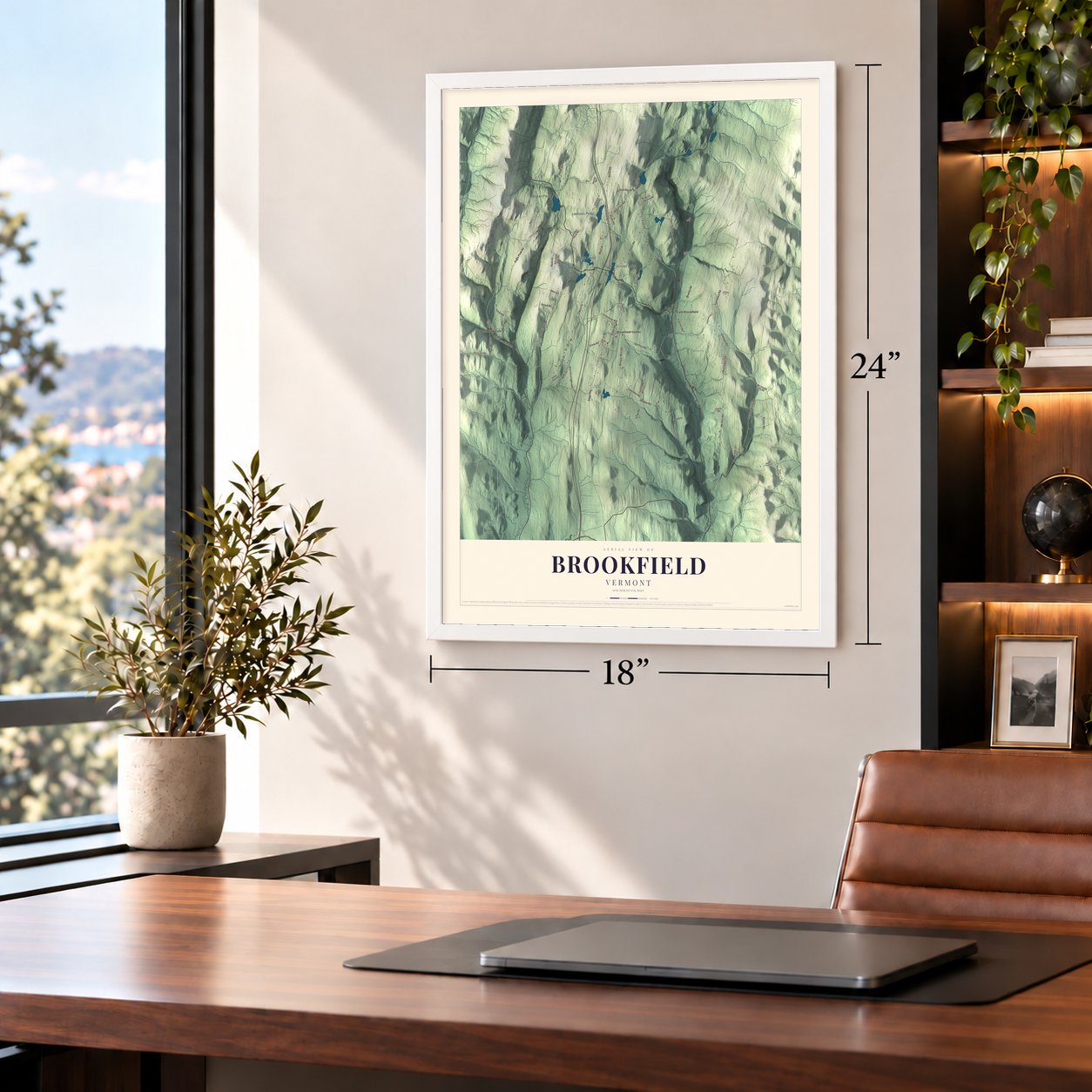 Brookfield, Vermont map, 18 x 24 inch print in a white frame in a home office
