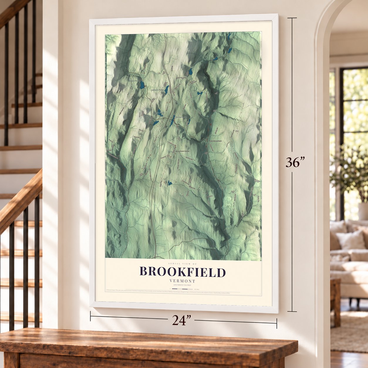 Brookfield, Vermont map, 24 x 36 inch print in a white frame by a staircase