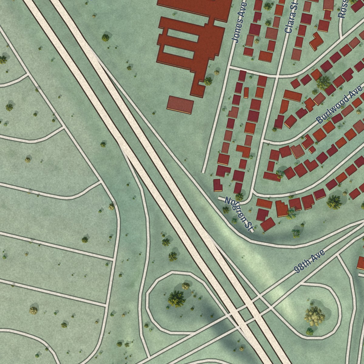Second close-up of the map of Brookfield Village, California print showing more streets and buildings