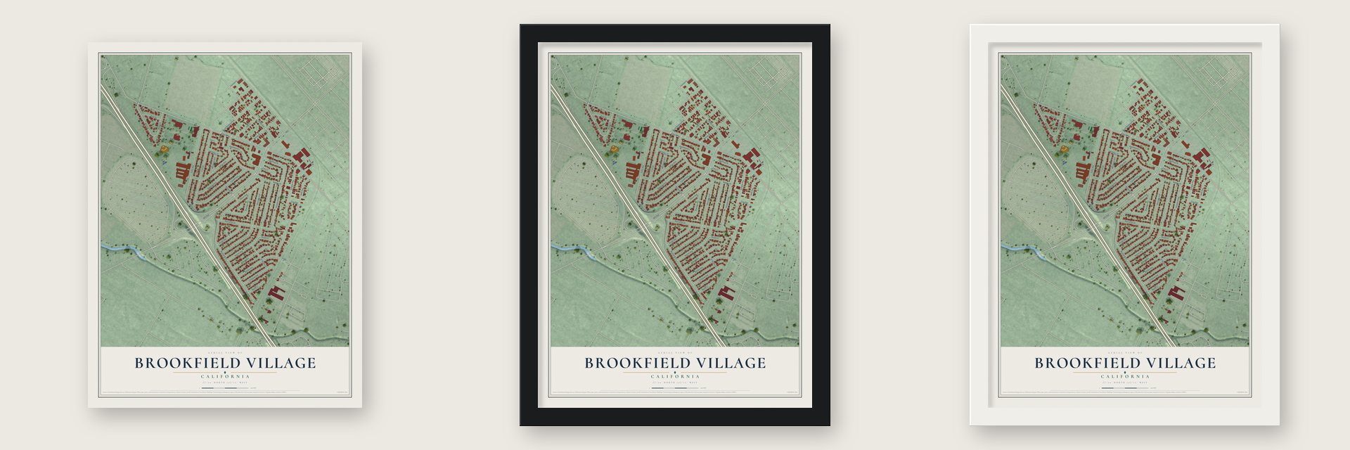 Brookfield Village, California map unframed, in a black wood frame and in a white wood frame
