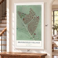 Brookfield Village, California map, 24 x 36 inch print in a white frame by a staircase