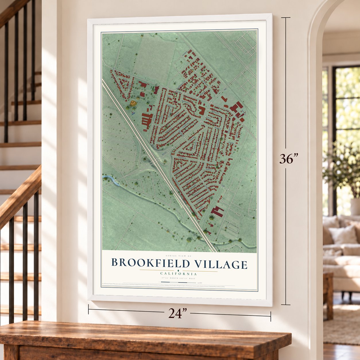 Brookfield Village, California map, 24 x 36 inch print in a white frame by a staircase