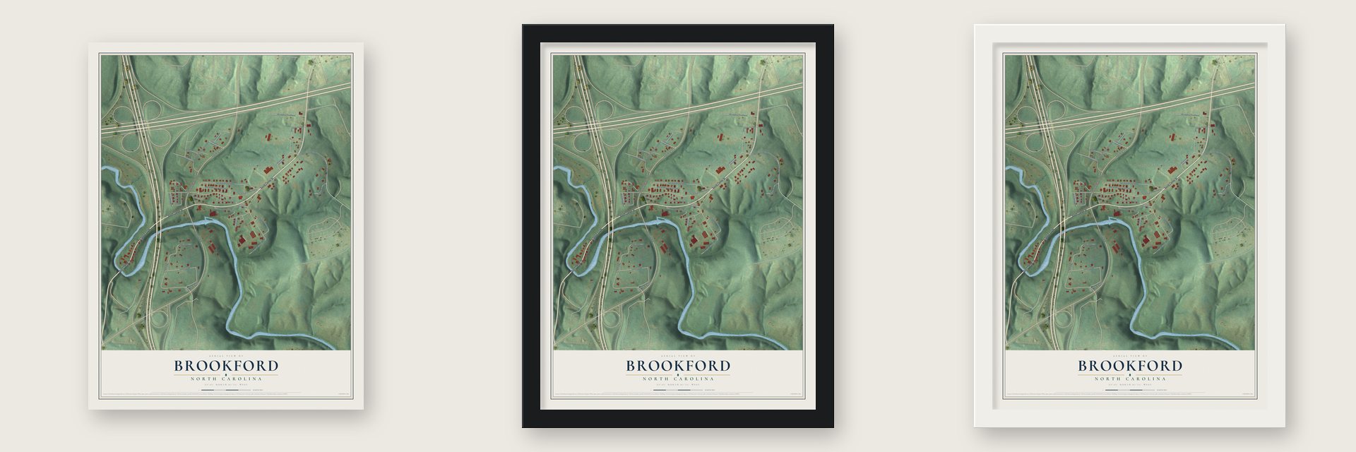 Brookford, North Carolina map unframed, in a black wood frame and in a white wood frame