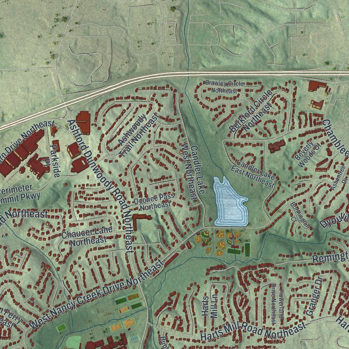 Second close-up of the map of Brookhaven, Georgia print showing more streets and buildings