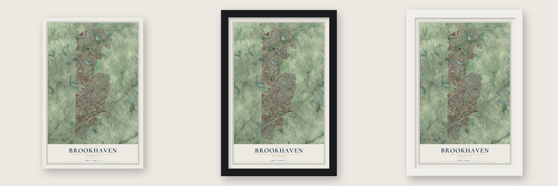 Brookhaven, Georgia map unframed, in a black wood frame and in a white wood frame