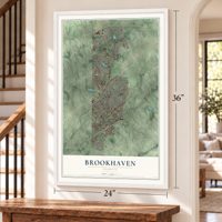Brookhaven, Georgia map, 24 x 36 inch print in a white frame by a staircase