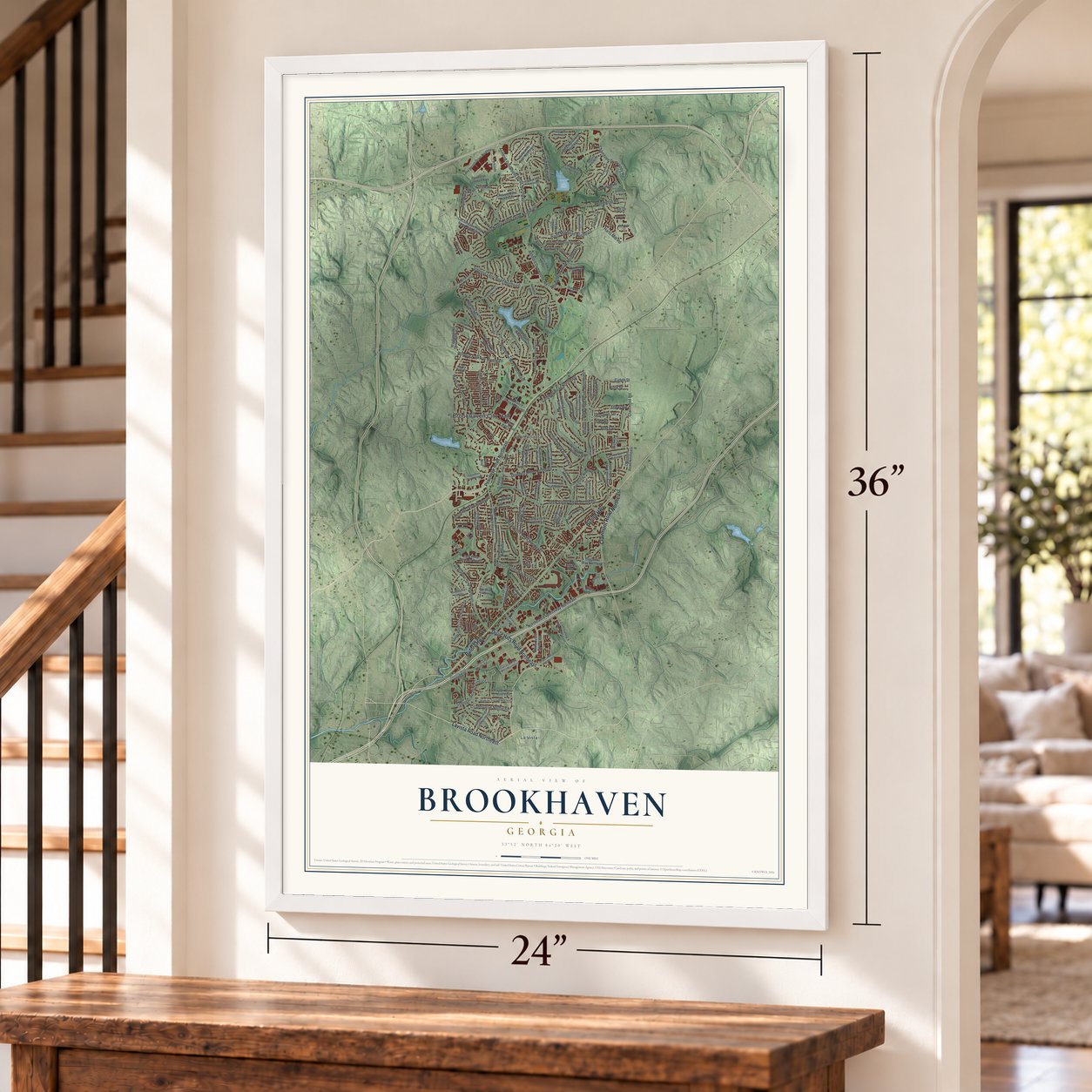Brookhaven, Georgia map, 24 x 36 inch print in a white frame by a staircase