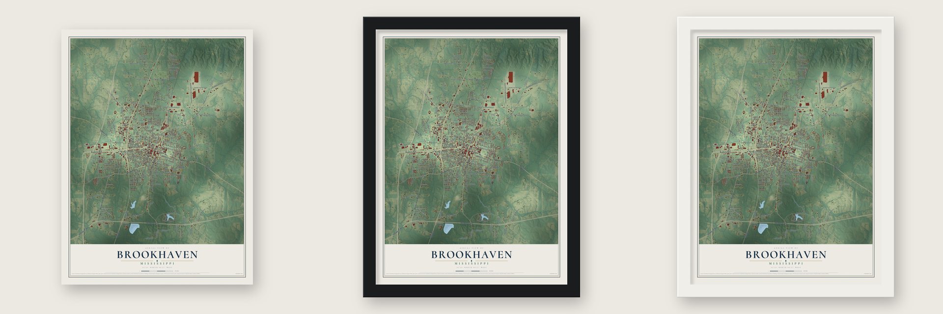 Brookhaven, Mississippi map unframed, in a black wood frame and in a white wood frame