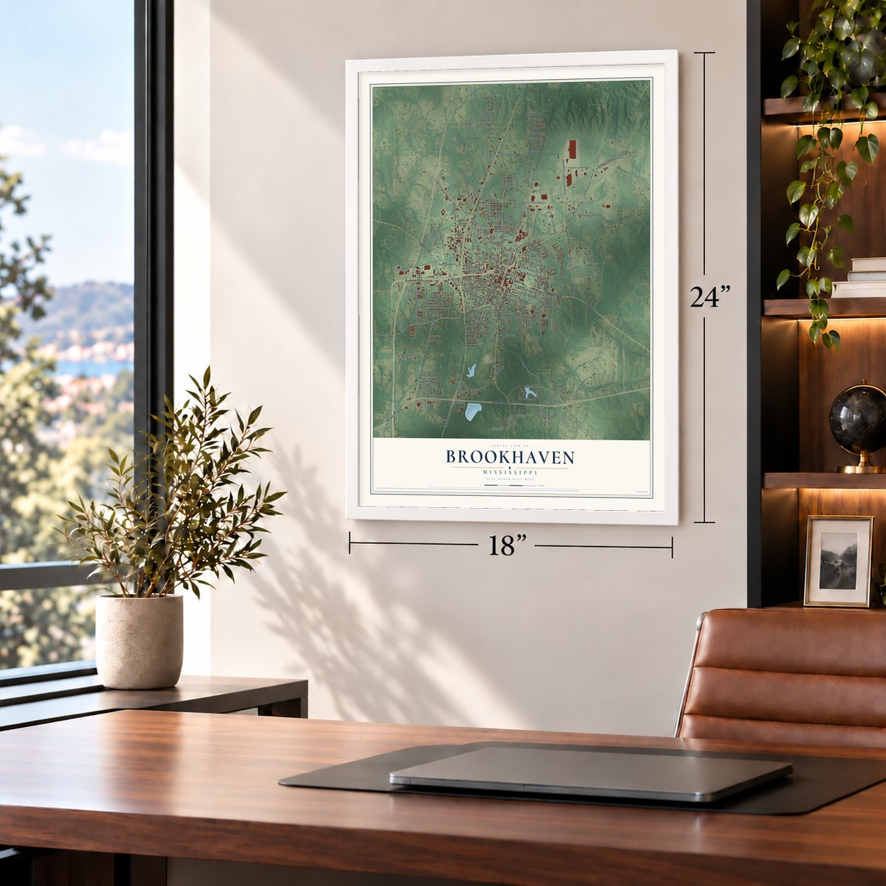 Brookhaven, Mississippi map, 18 x 24 inch print in a white frame in a home office