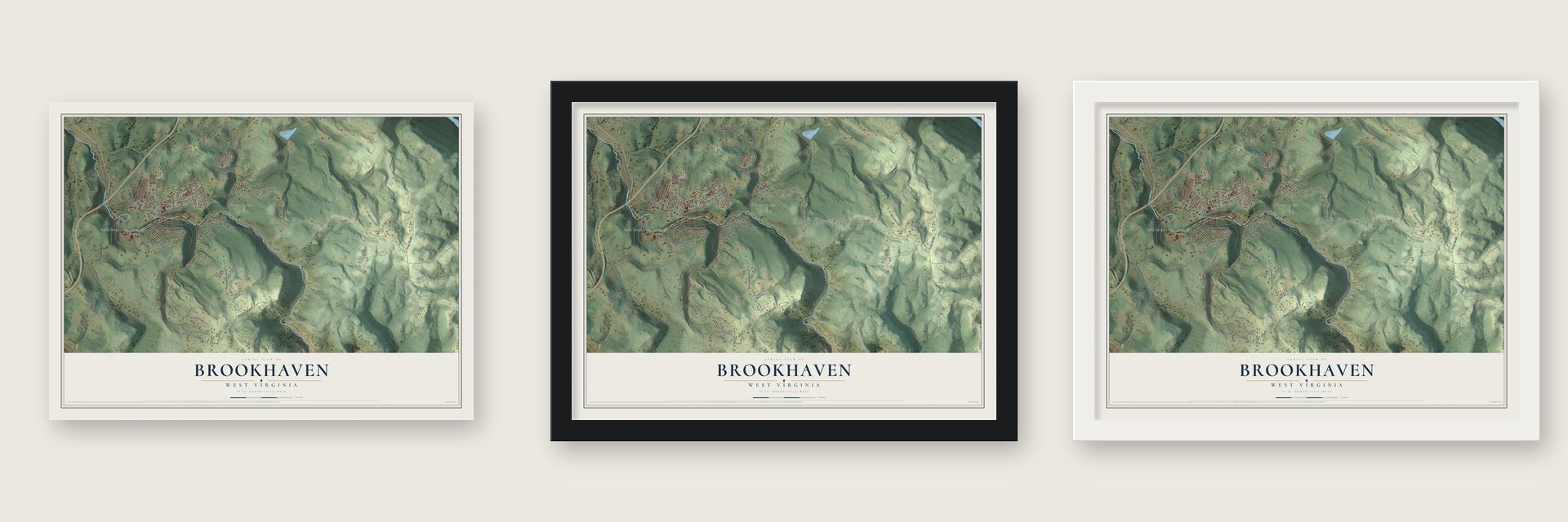 Brookhaven, West Virginia map unframed, in a black wood frame and in a white wood frame