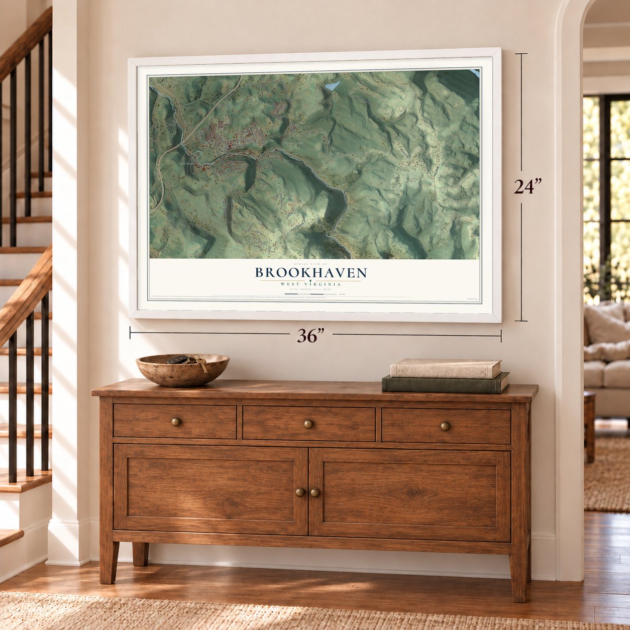 Brookhaven, West Virginia map, 24 x 36 inch print in a white frame above a dresser by a staircase
