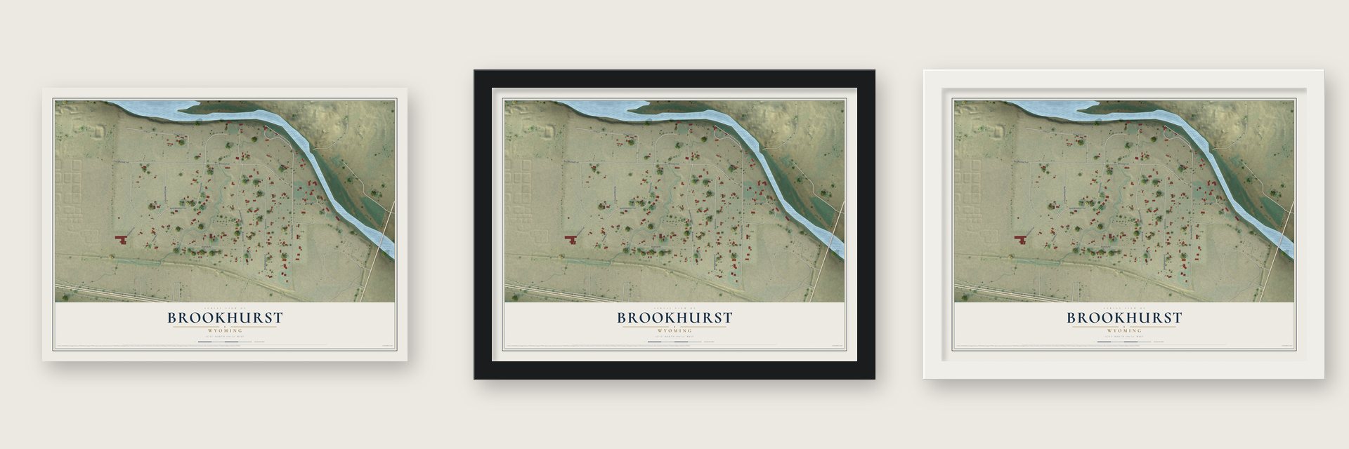 Brookhurst, Wyoming map unframed, in a black wood frame and in a white wood frame