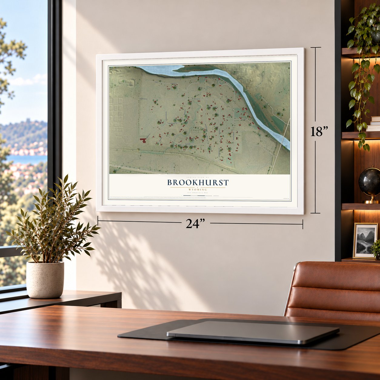 Brookhurst, Wyoming map, 18 x 24 inch print in a white frame in a home office