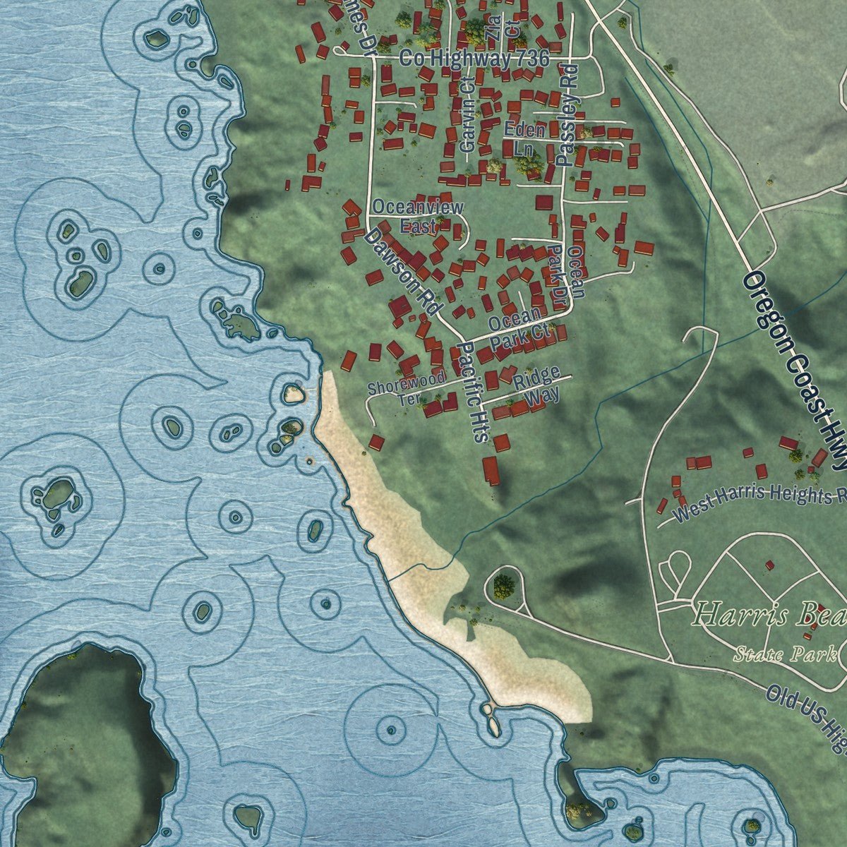 Second close-up of the map of Brookings, Oregon print showing more streets and buildings