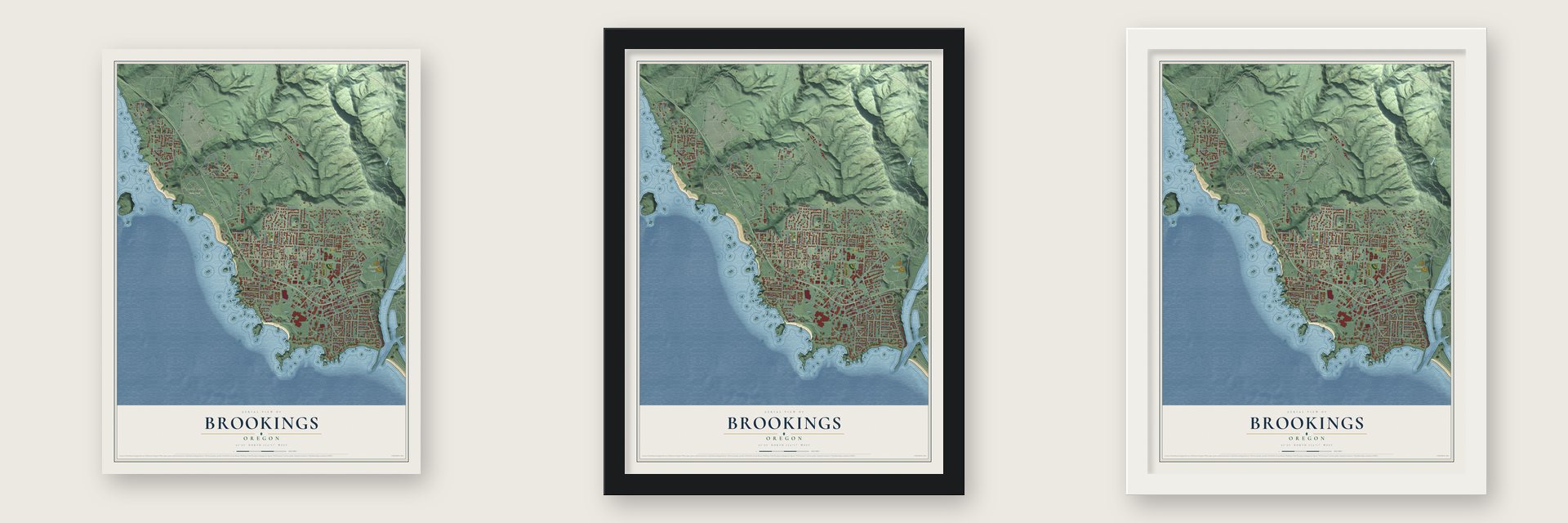 Brookings, Oregon map unframed, in a black wood frame and in a white wood frame
