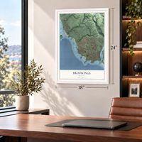 Brookings, Oregon map, 18 x 24 inch print in a white frame in a home office