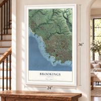 Brookings, Oregon map, 24 x 36 inch print in a white frame by a staircase