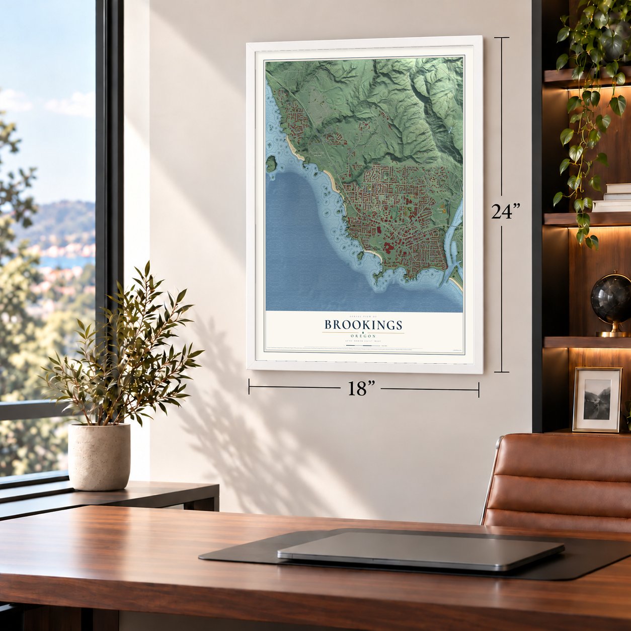 Brookings, Oregon map, 18 x 24 inch print in a white frame in a home office