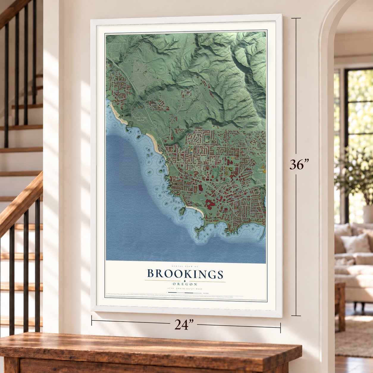 Brookings, Oregon map, 24 x 36 inch print in a white frame by a staircase