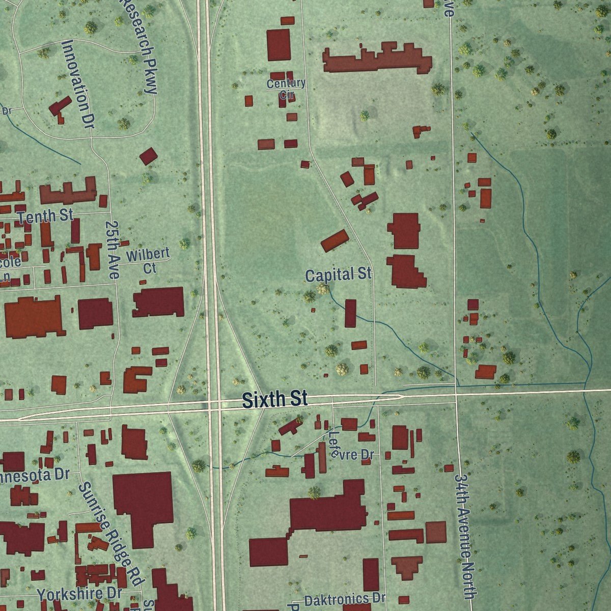 Second close-up of the map of Brookings, South Dakota print showing more streets and buildings