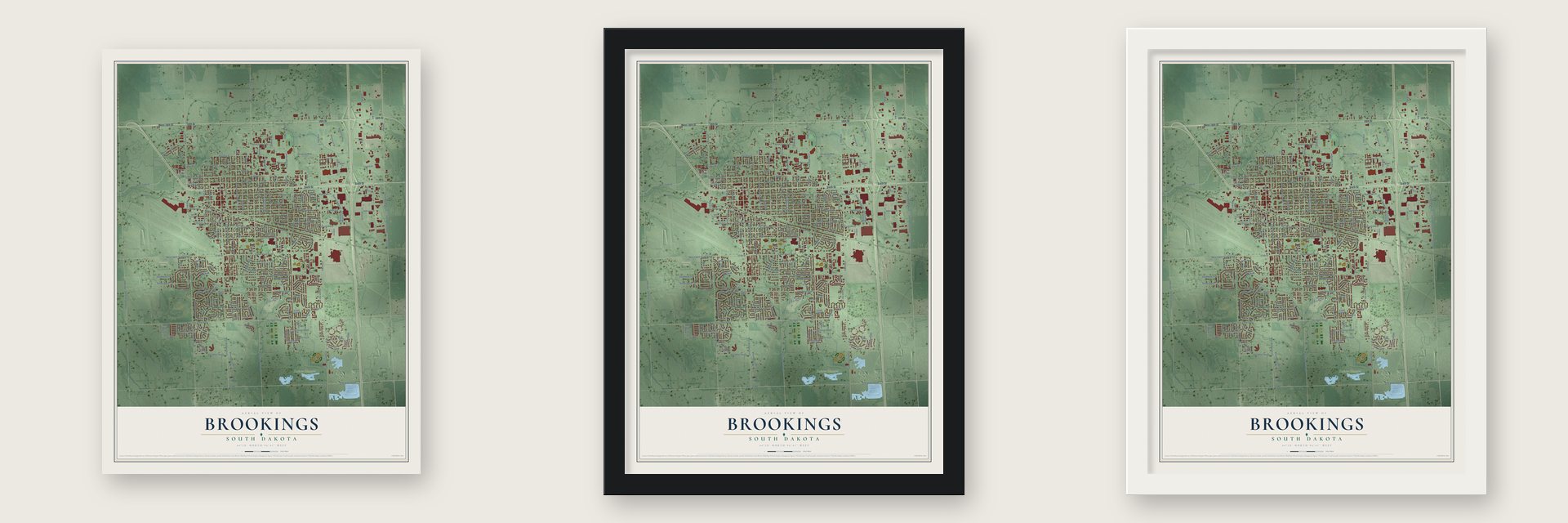 Brookings, South Dakota map unframed, in a black wood frame and in a white wood frame