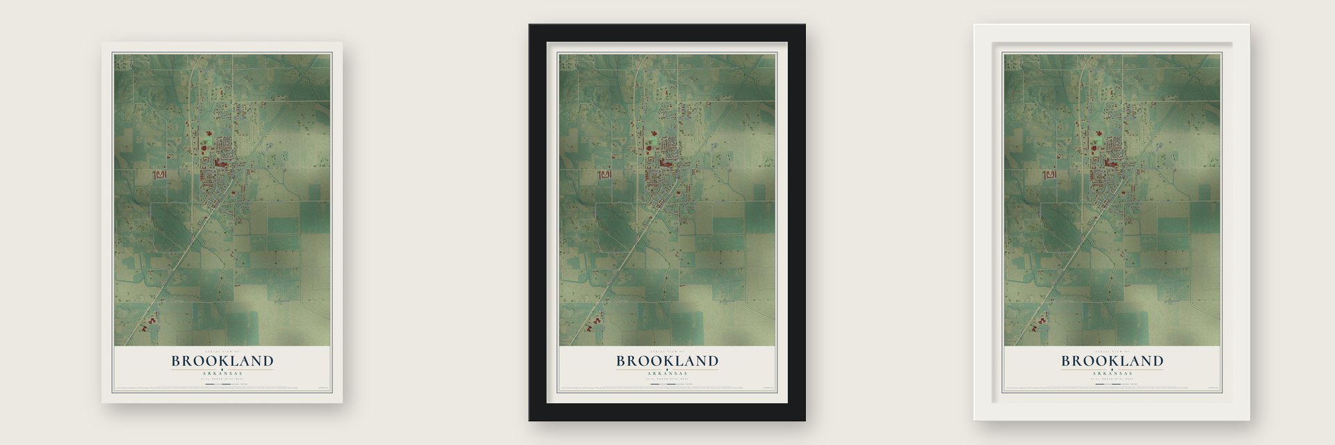 Brookland, Arkansas map unframed, in a black wood frame and in a white wood frame