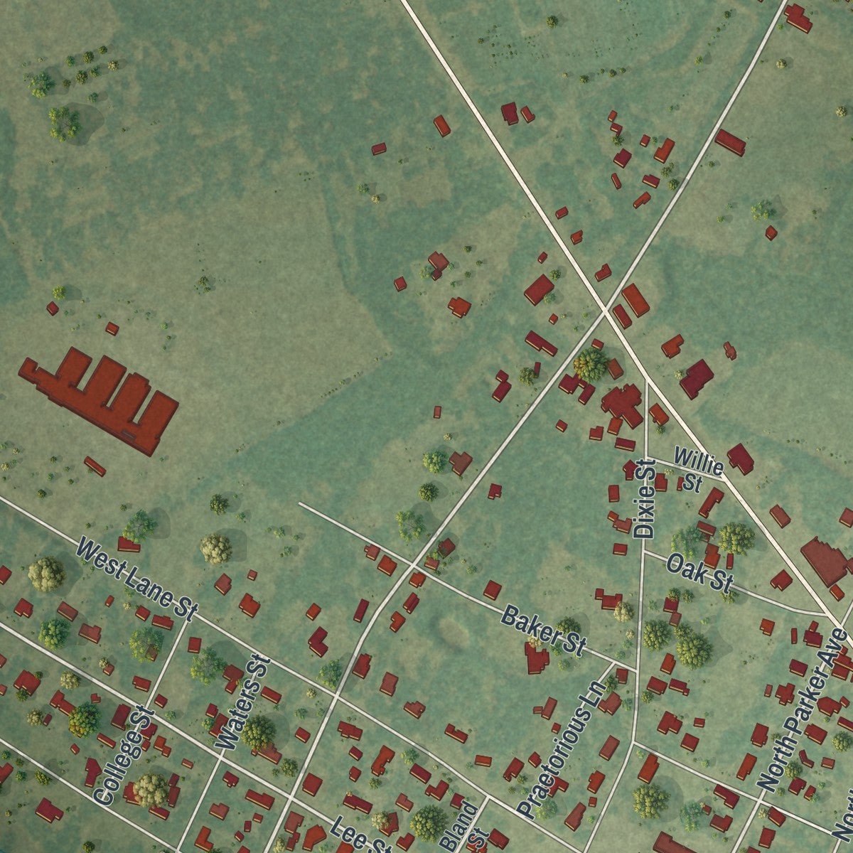 Second close-up of the map of Brooklet, Georgia print showing more streets and buildings