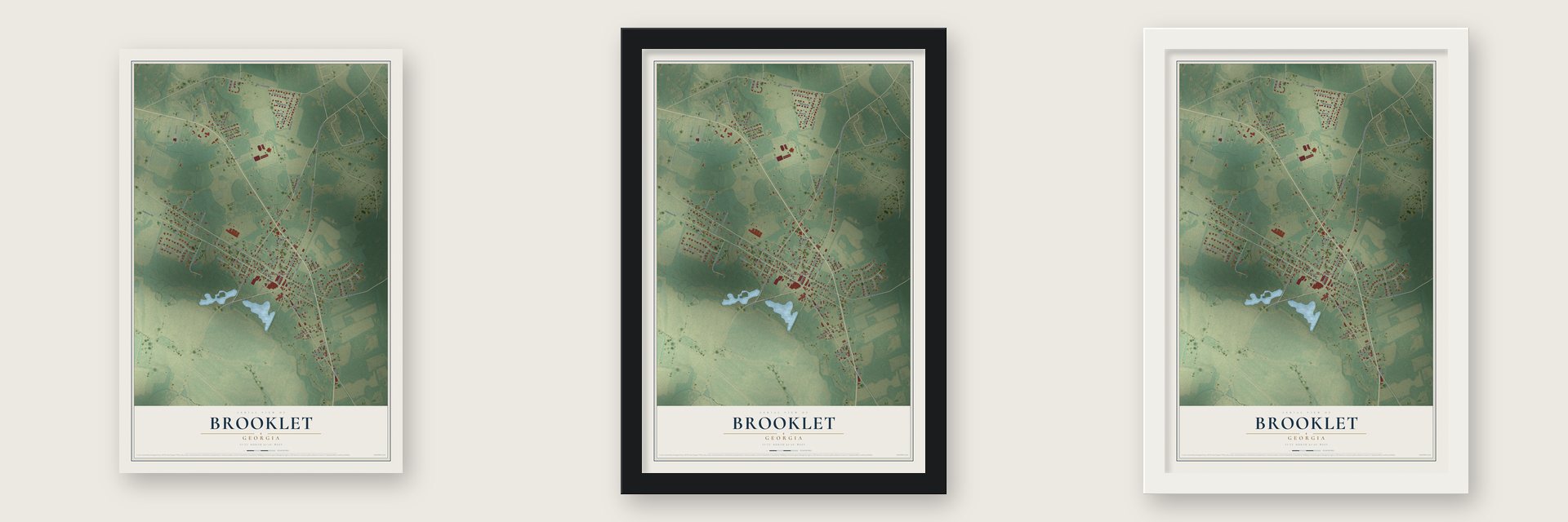 Brooklet, Georgia map unframed, in a black wood frame and in a white wood frame