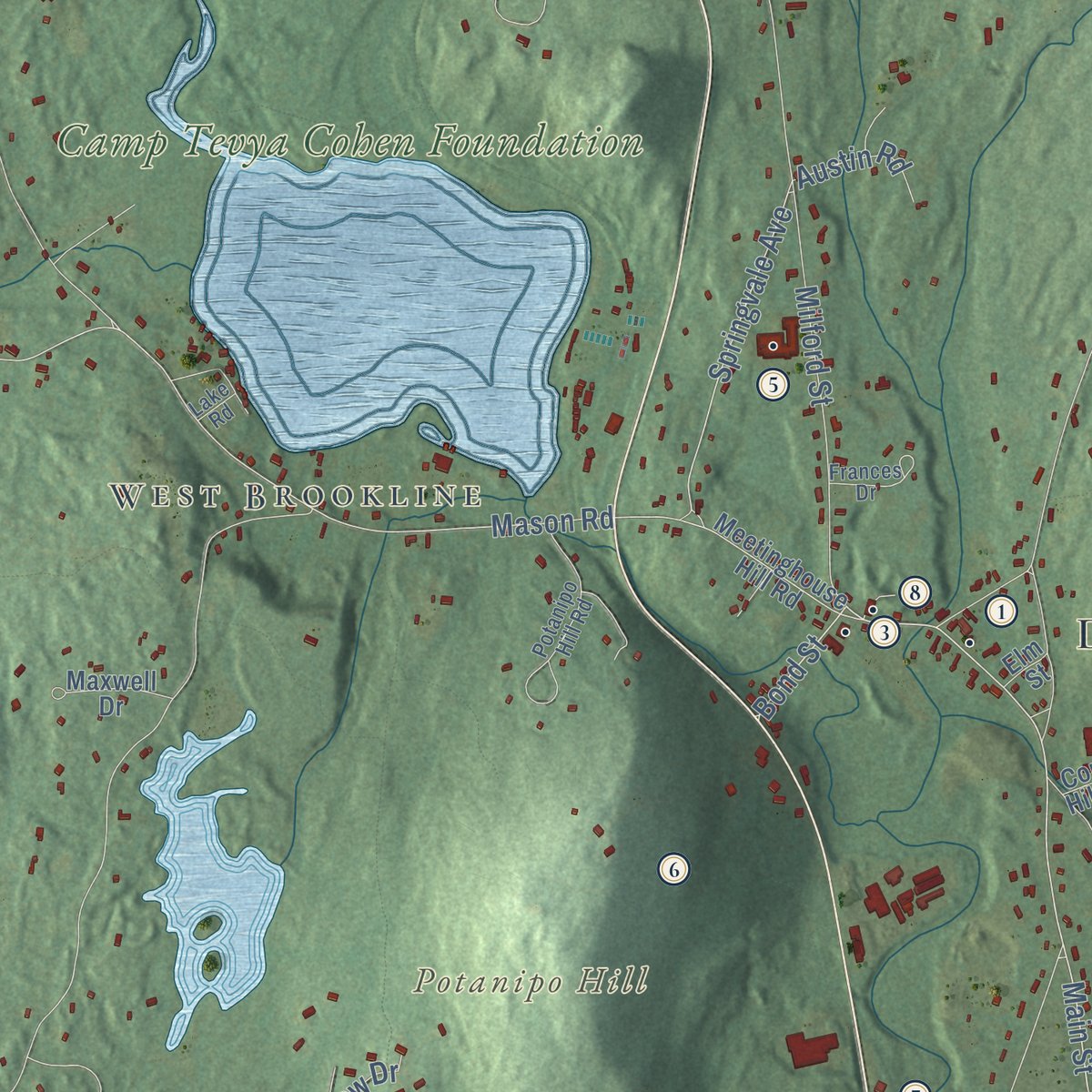 Second close-up of the map of Brookline, New Hampshire print showing more streets and buildings